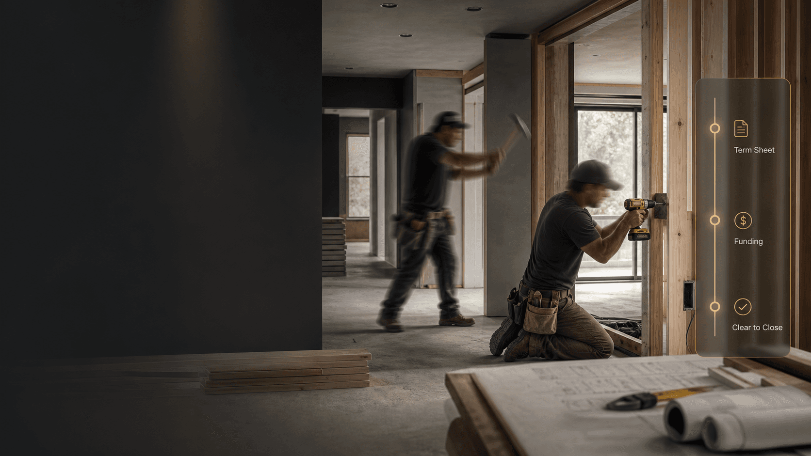 Investment property renovation in progress with hammers and drills in motion while funding is being reviewed